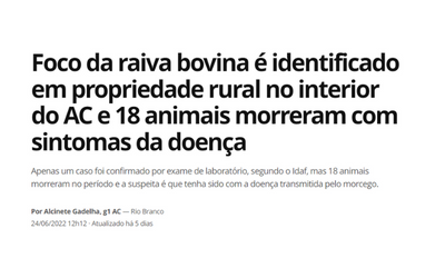 Notícia da raiva bovina em AC